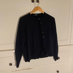 Navy blue button-up cardigan. No marked size but would fit a size small-medium